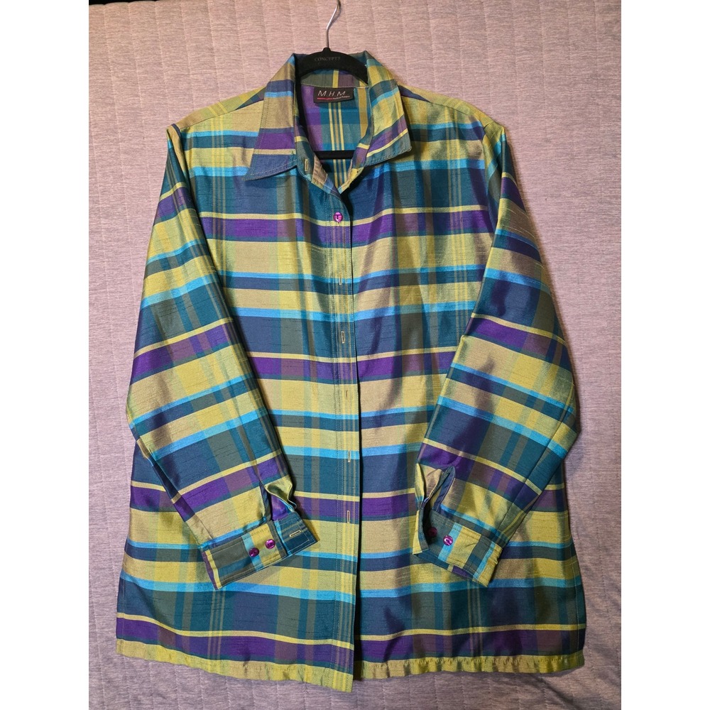 1501 M.H.M. Melissa Harper Button Down Shirt Purple Teal Green Textured Blouse